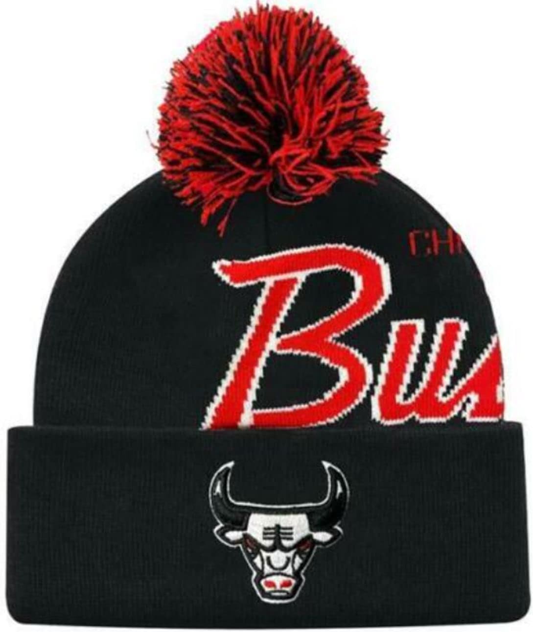 Mitchell & Ness Chicago Bulls Script Burst Pom Beanie Black
