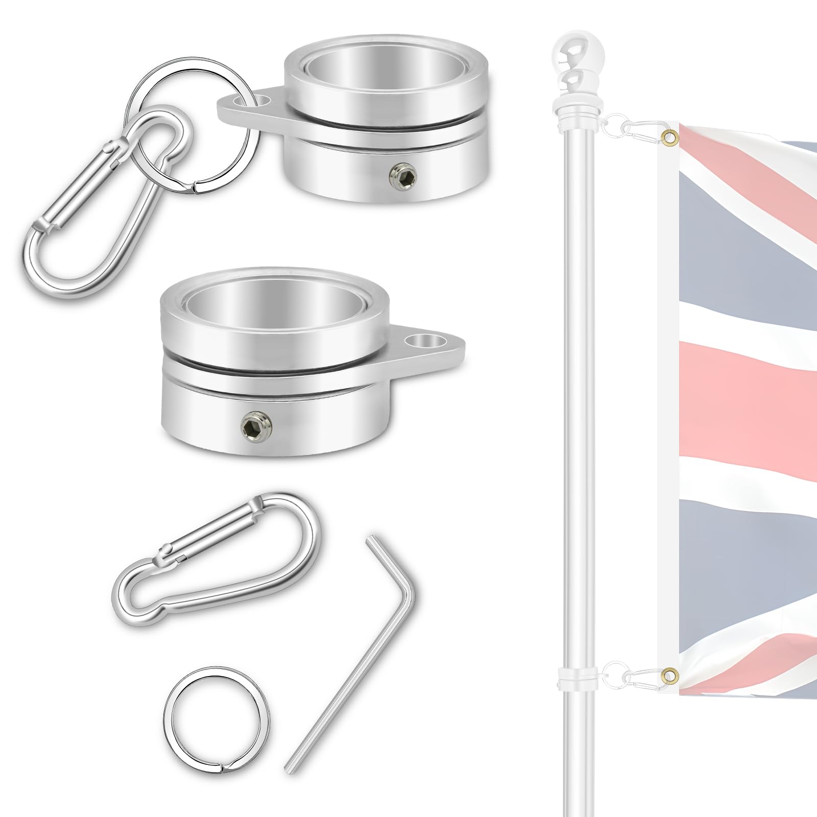 NQ Flag Pole Rotating Rings for 1.9~2.5CM Diameter Pole, Aluminum Alloy Tangle Free Flagpole Rings, Flag Pole Accessories (Silver, 2PCS)