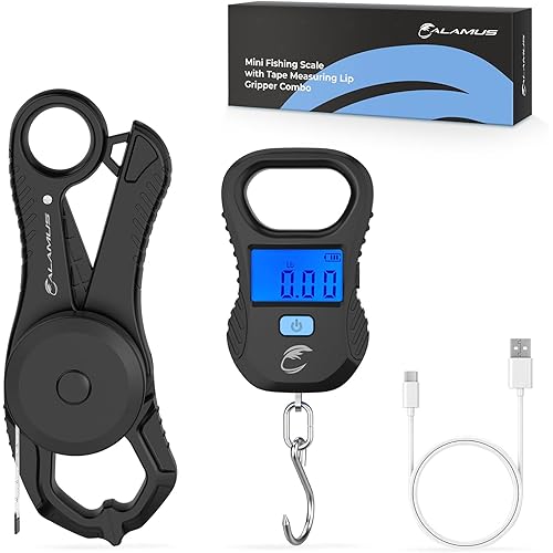Calamus Lightweight Fish Scale & Lip Grip Combo, Rechargeable Digital Scale with USB Cable, 55lb Capacity, Lip Gripper with Soft Retractable and Detachable Measuring Tape, Fishing Gifts for Men