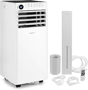 COSTWAY climatiseur portable 8000 BTU, unité de climatisation portable 4-en-1 avec déshumidificateur, ventilateur, mode sommeil, télécommande et minuterie 24H, refroidit des pièces jusqu'à 350 pi², kit d'installation de fenêtre inclus