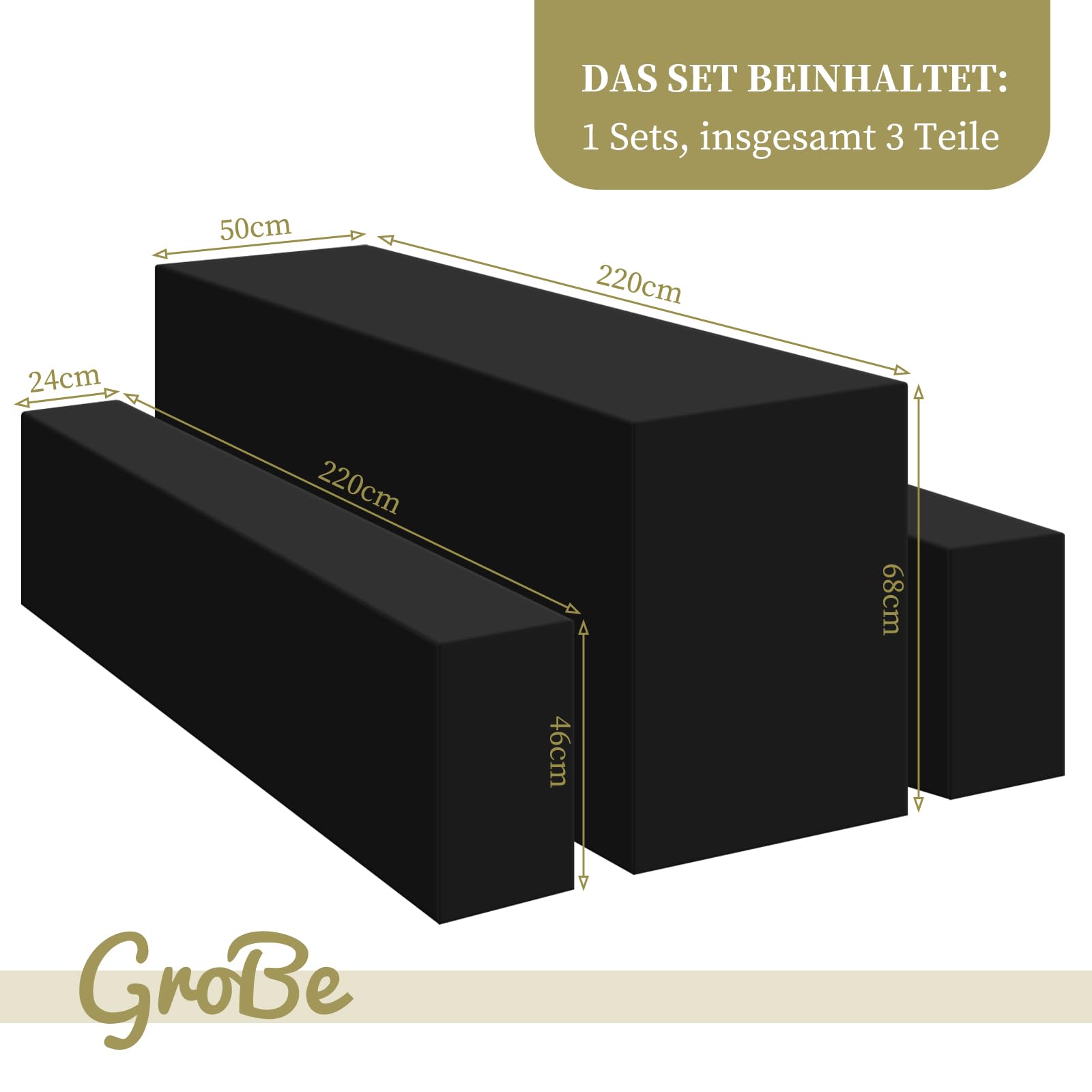 YMHPRIDE 3er-Set Schwarz Biertischhussen Bierbankhusse und Tischdecken, 50 cm Tischbreite,Wasserdicht Bierzeltgarnituren 220 x 50 x 70 cm für Gartenbankett-Gartenmöbel.（3-teiliges Set）
