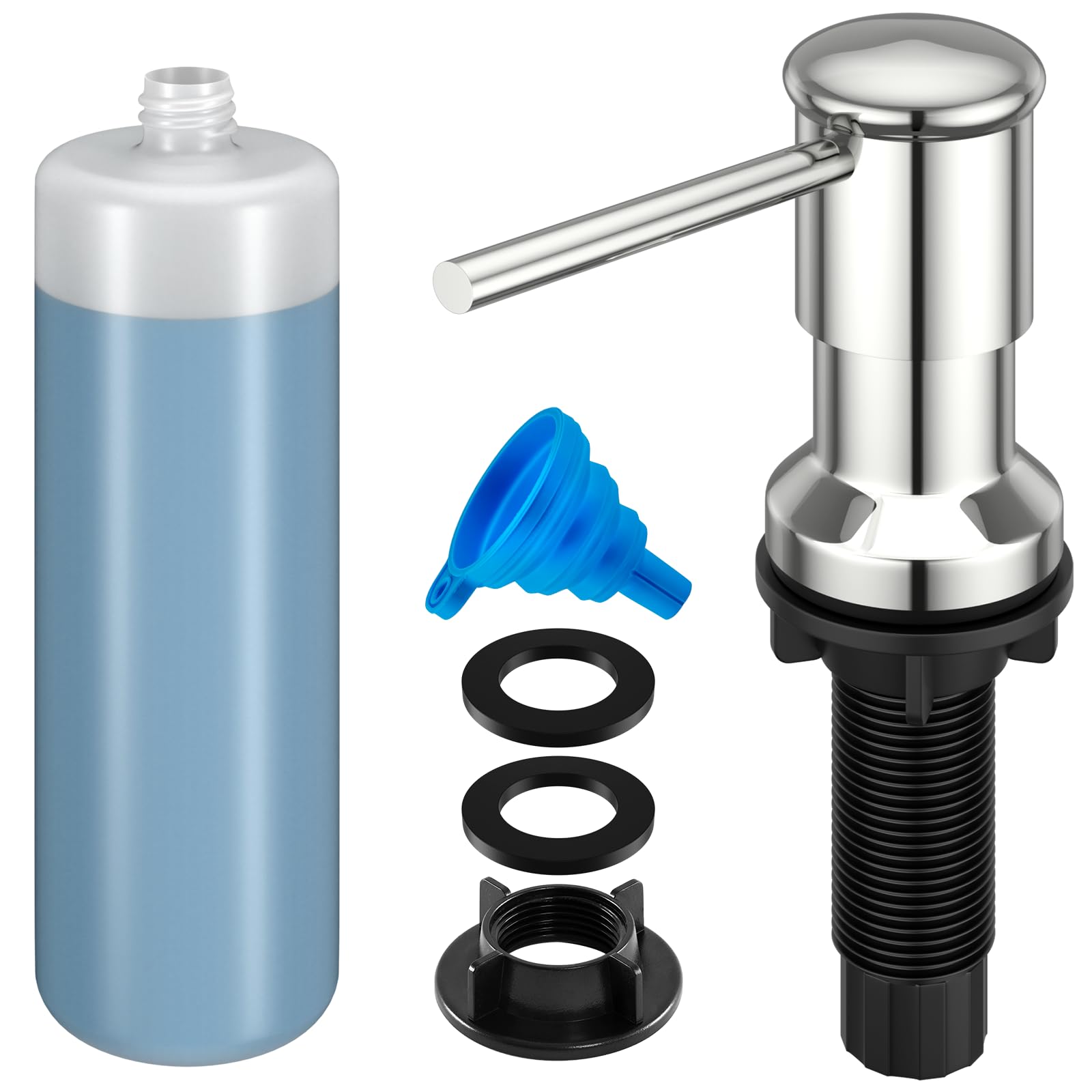 Dish Soap Dispenser, Kitchen Sink Soap Dispenser Pump with 17 OZ Bottle, Refill from The Top, Wide Pump Head Base (Chrome)
