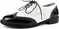 Sapato Oxford Oxford preto e branco com salto grosso, couro envernizado, vintage, com cadarço, dois tons