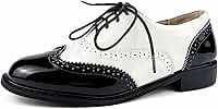 Sapato Oxford Oxford preto e branco com salto grosso, couro envernizado, vintage, com cadarço, dois tons