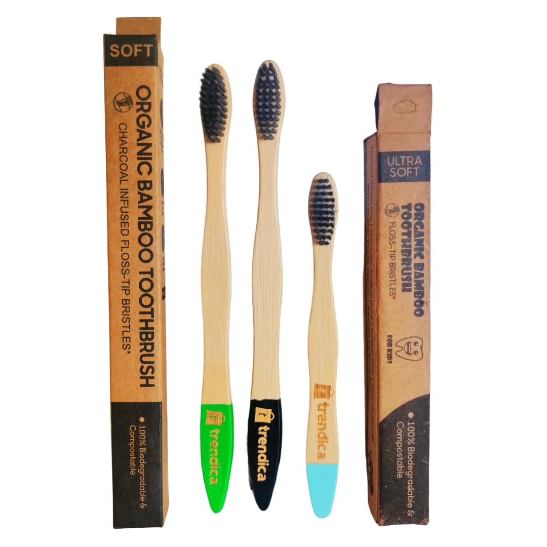Trendica Bamboo Toothbrush for Adult and Kids | Charcoal Activated Soft Bristles Toothbrush for Adult | Ultra soft Bristles Toothbrush for kids | Bamboo Toothbrush Family Pack of 3 (2 Adult x 1 Kids) (B0CRBLQYYY) Amazon Price History, Amazon Price Tracker