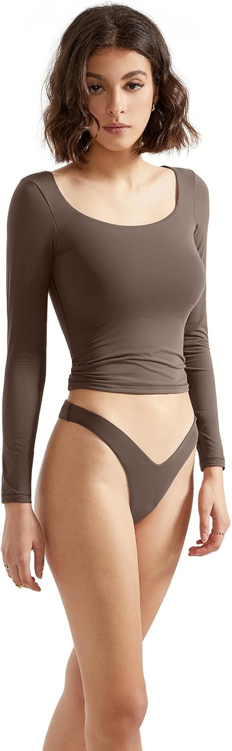 SUUKSESS Women Double Lined Fitted Basic T Shirts Scoop Neck Long Sleeve Crop Top - Image 3