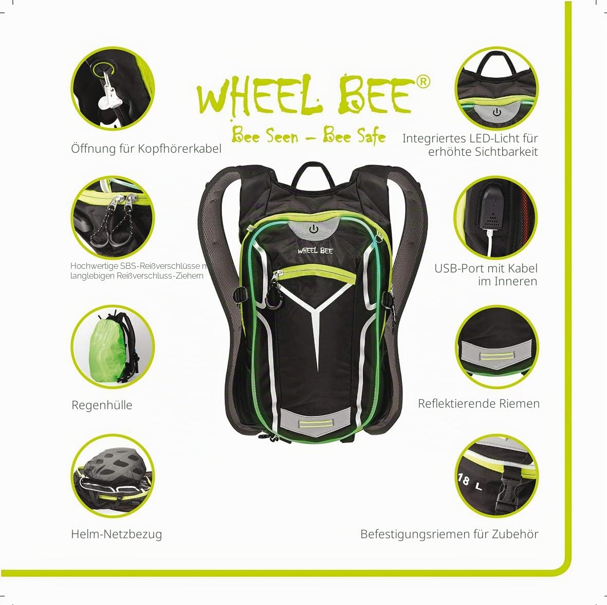 Wheel-Bee Fahrrad Rucksack Stelvio Black, mit integrierten LED-Licht für maximale Sichtbarkeit und Sicherheit, 18 Liter, diverse Fächer, tolles Tragesystem, USB Port, Regenhülle, 950019