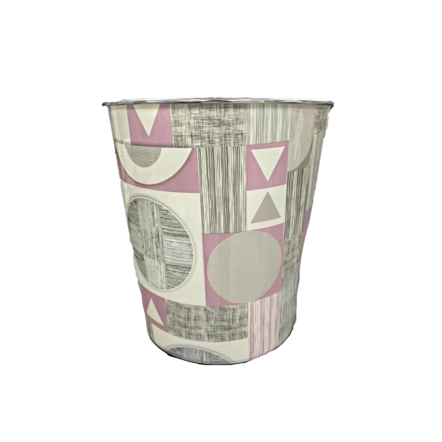 HOMESHOPA Plastic Waste Paper Basket Bin, 7.7 Litre Pink Grey Polka Triangle Floral Retro Round Trash Can, Lightweight Recycling Rubbish Bin for Kitchen, Bedroom, Bathroom, Open-Top Garbage Dustbin