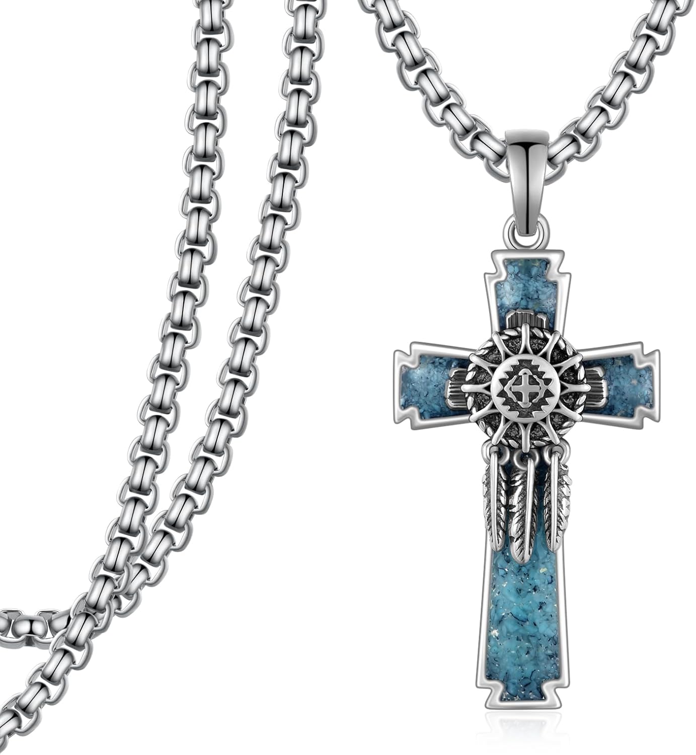 Dream Catcher Cross with Feather for Turquoise Cross Necklace Tribal Necklaces 925 Sterling Silver Western Indian Pendant Dreamcatcher Southwestern Native American Jewelry Gifts for Men
