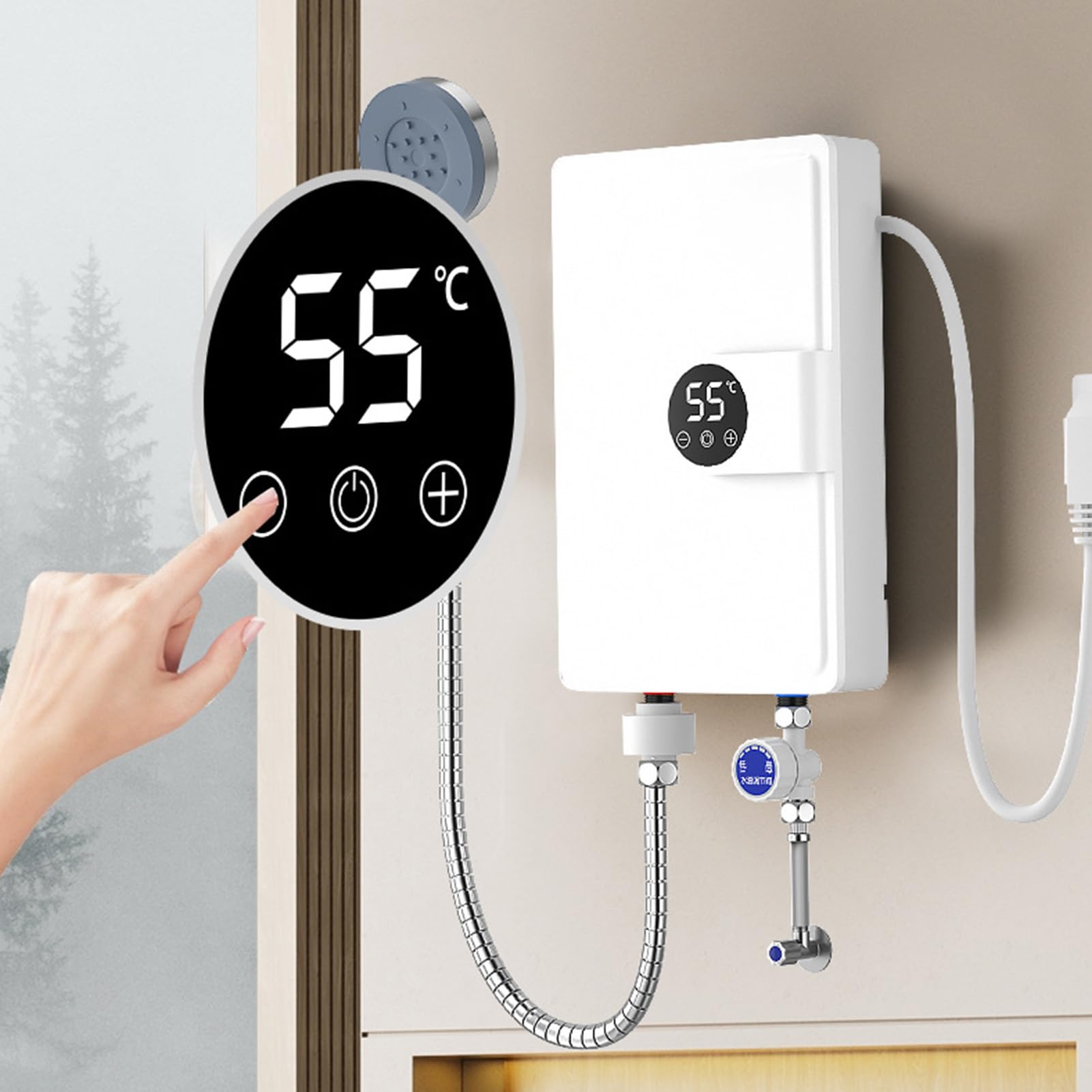 Hancaner Calentador de Agua Instantáneo Eléctrico de 5500W con Pantalla LED, Control Digital Temperatura para Baño y Cocina (Enchufe europeo 230V)