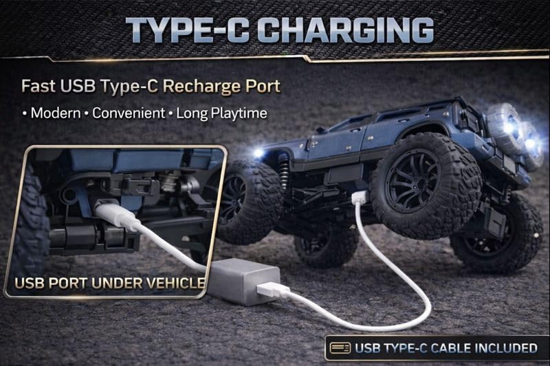 Image of 200+ Feet Range Rechargeable Metal Body Defender RC Rock Crawler Car with Double Mist Spray, LED Headlights, Type-C Port, Off-Road Remote Control Monster Truck Toy for Kids (Blue)