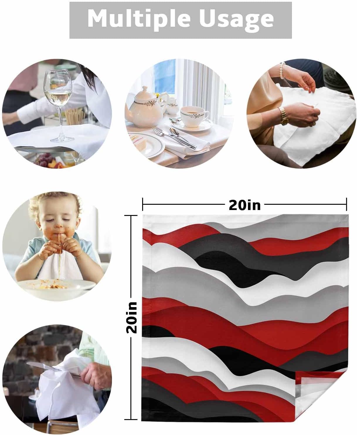 Modern Red Black Cloth Napkins Set of 8 - Washable Dinner Napkins Reusable Table Napkins for Home Party Weeding Dining Table Setting Decoration, Oversized 20"x20" Ocean Waves Geometric Grey White