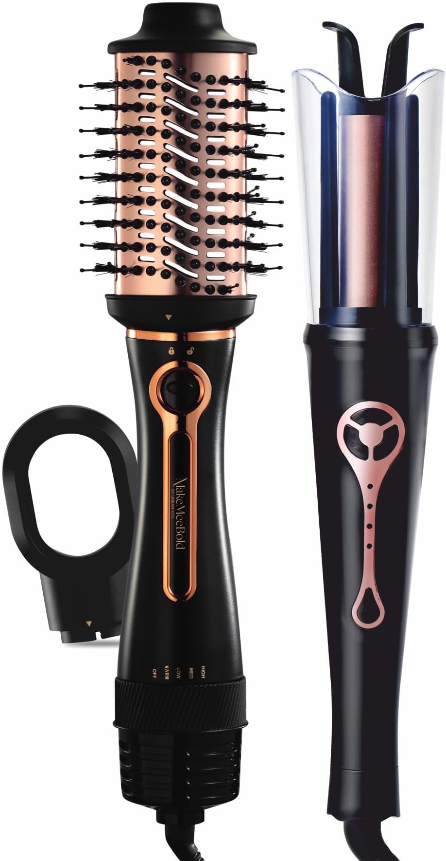 - 3-in-1 Hot Air Brush & MakeMeBold Automatic Hair Curler Combo | Hair Dryer, Straightener, Volumizer & Curler | 1200 Watts, Dual Voltage, Anti-Scald, Ceramic Coating, Black and Rose Gold
