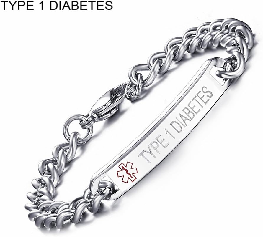 CF Stainless Steel Medical Alert ID Sos Identification Link TYPE 1 DIABETES Bracelet for Men Women,20.5cm