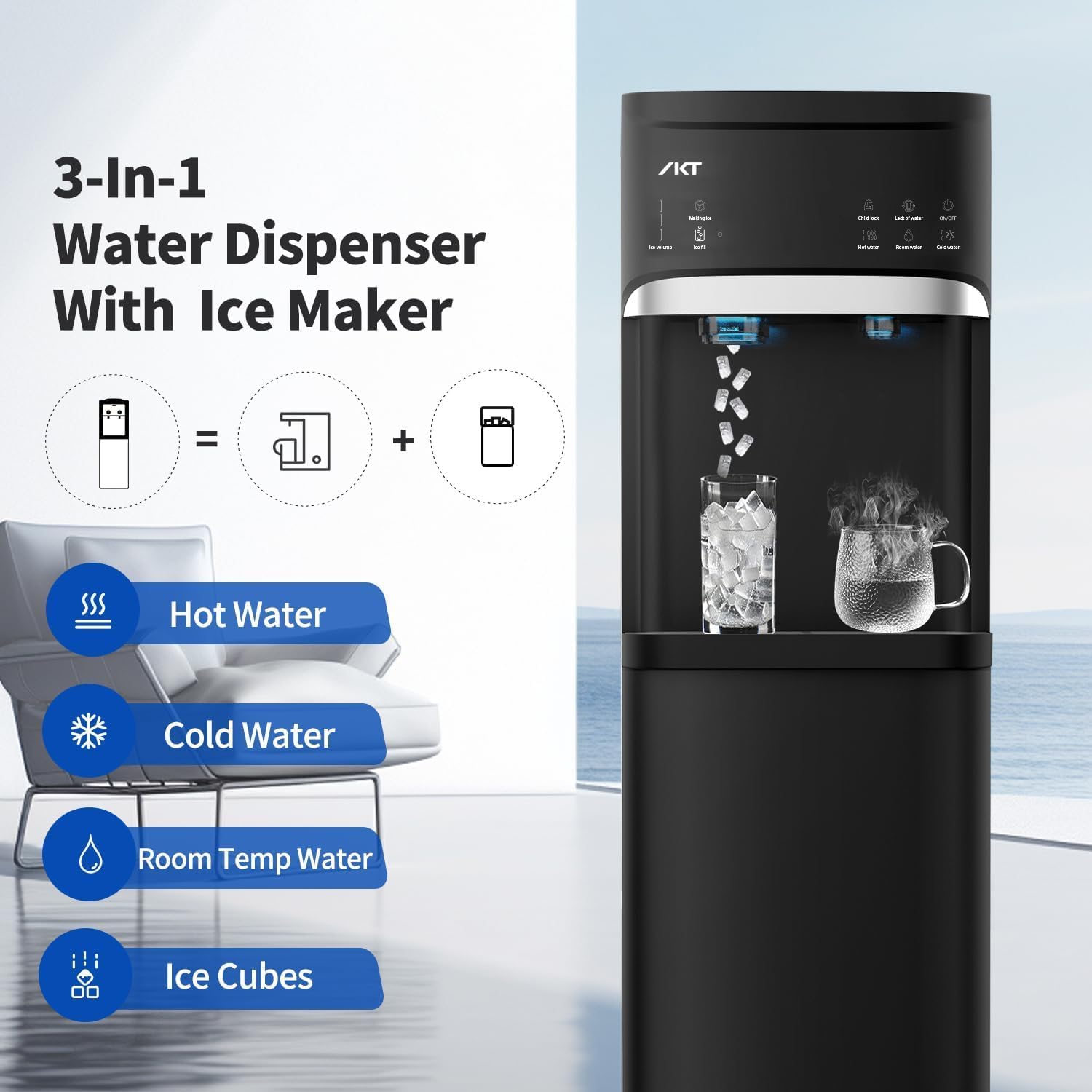 IKT Self Cleaning Bottom Load Water Cooler Dispenser with Nugget Ice Maker for 5 Gallon 33lbs Daily Capacity Black