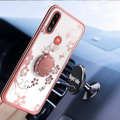 Miniatura 4 de Para Moto E7 2020 caso,E2020 caso lindo anillo soporte con chispeante perla cubierta para niñas y mujeres con diamante giratorio soporte plateado