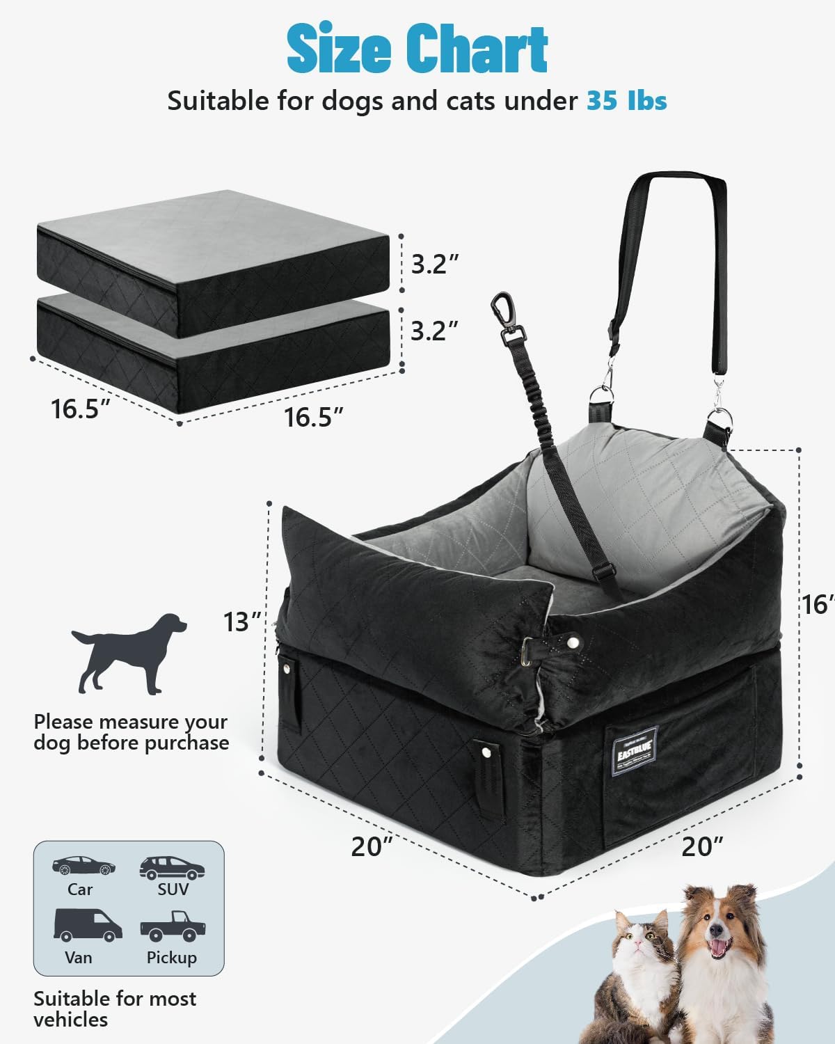 EASTBLUE Dog Car Seat for Small Medium Dogs Up to 35 lbs, Memory Foam Dog Booster Car Seat with Seatbelt, Detachable Washable Pet Carseat for Puppy & Cat, Dogs Travel Bed for Cars (Black/Grey)