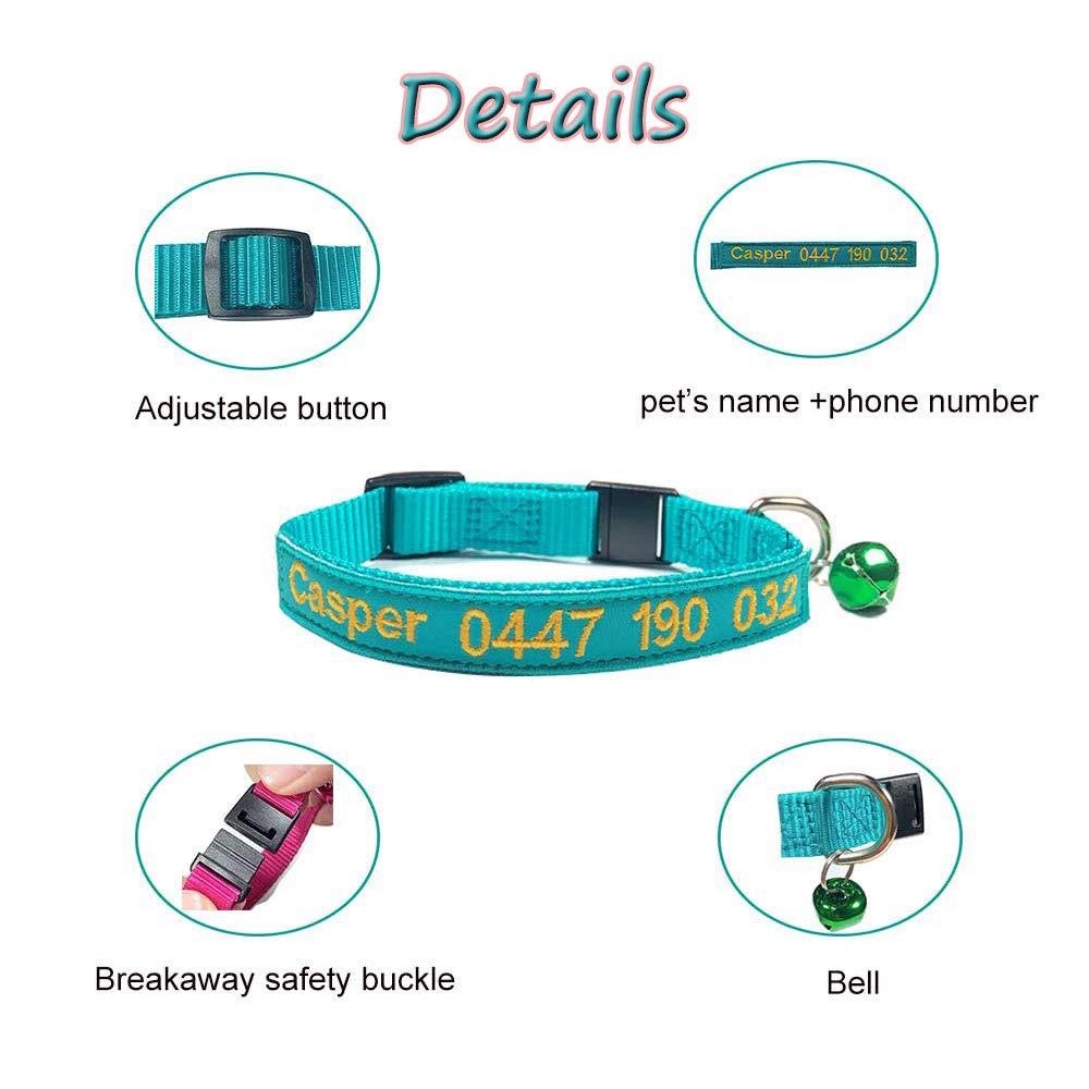 Collare personalizzato per gatti Breakaway personalizzato con campana, fibbia a scatto di sicurezza, nome identificativo ricamato sul colletto per gattini 26,5-29,5cm Adjustable multicolore