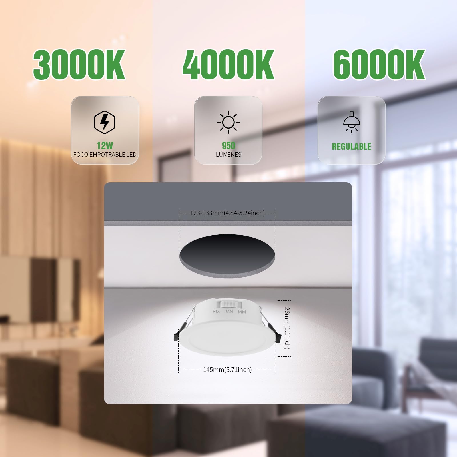 Downlight LED Regulable 12W Ojo de buey led Blanco Cálido/Neutro/Frío IP44 Focos para Sala de Estar Ø123-133mm Agujero Pack de 12