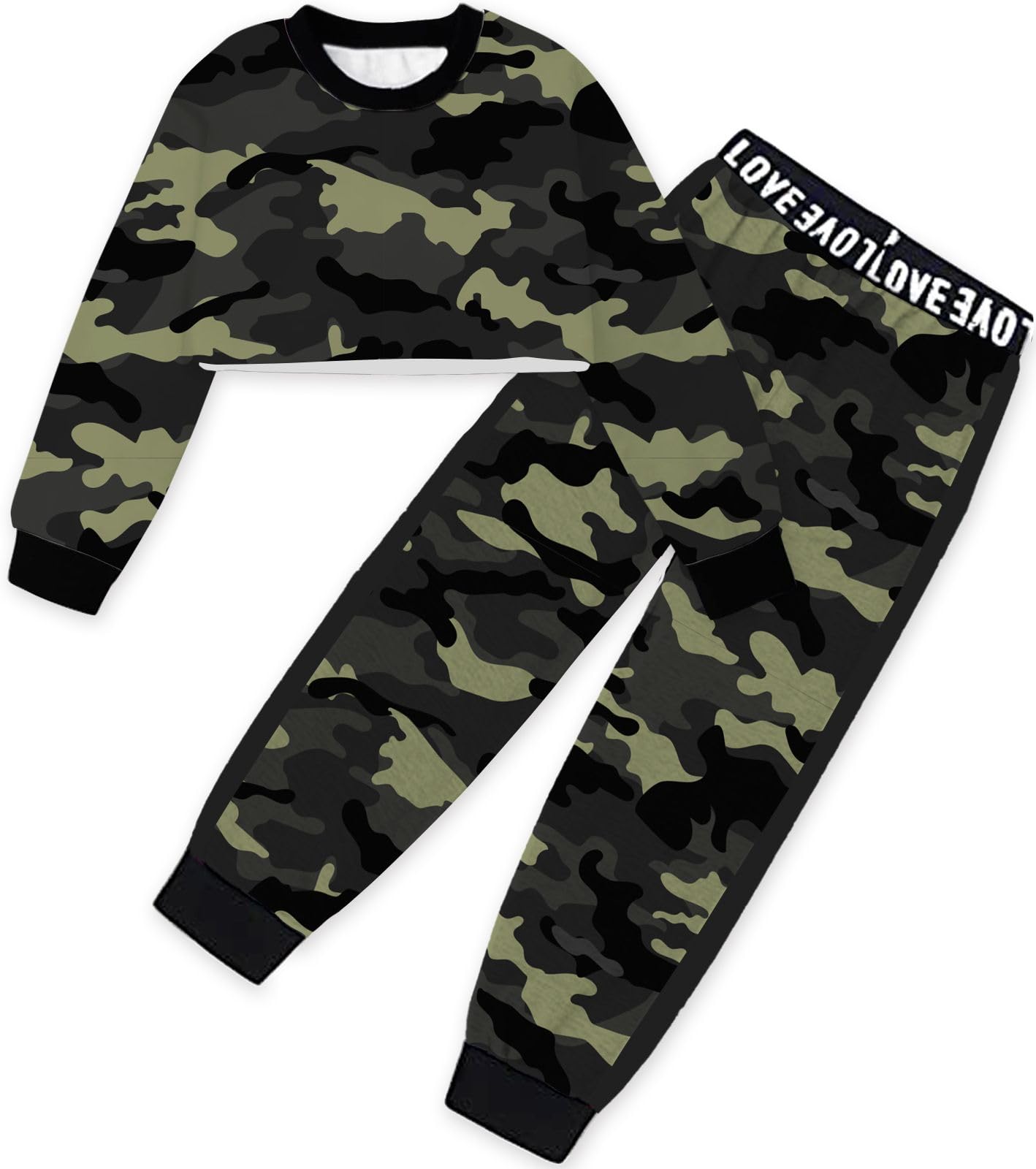 Betusline Girls 2 Piece Outfits, Leopard print Pullover Crop Sweatshirt Tops + Sweat Jogging Pants 2 Pieces Clothes Set，Army Green，11-12 Years = Tag 160