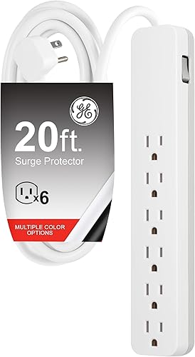 GE 62940 Protector de sobretensión, cable de extensión de 20 pies, 840 julios, enchufe plano, certificación UL, blanco