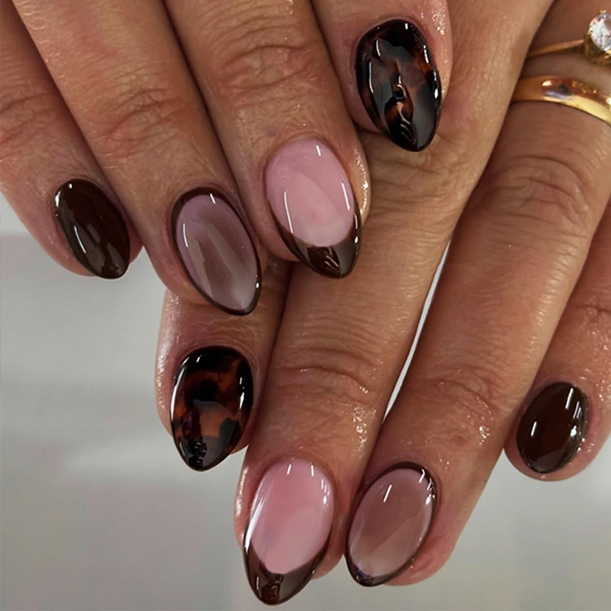 Brown Press on Nails Almond, Tortoise Shell, Fall Winter, 24Pcs
