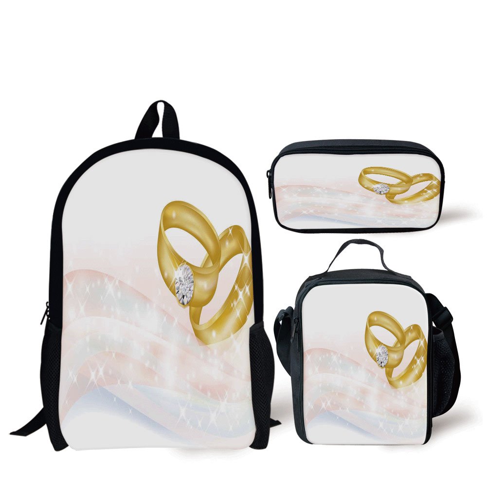 iPrint School Lunch Pen,Wedding,Wedding Rings on Abstract Backdrop Romance Marriage Engagement Print Decorative,Pale Pink Baby Blue Gold,Bags