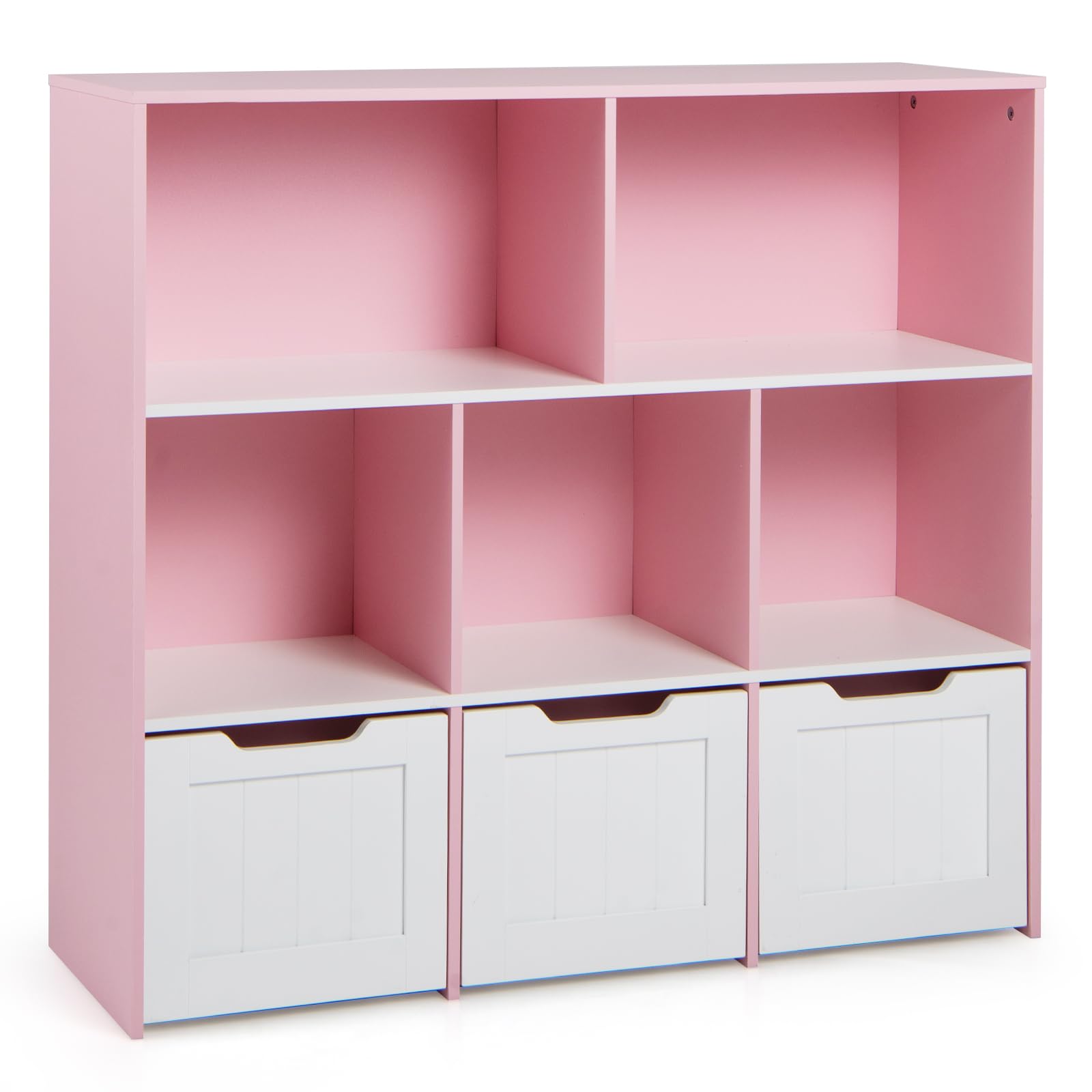 GYMAX Kids Bookcase with 3 Movable Drawers and 5 Open Cubes (Pink)