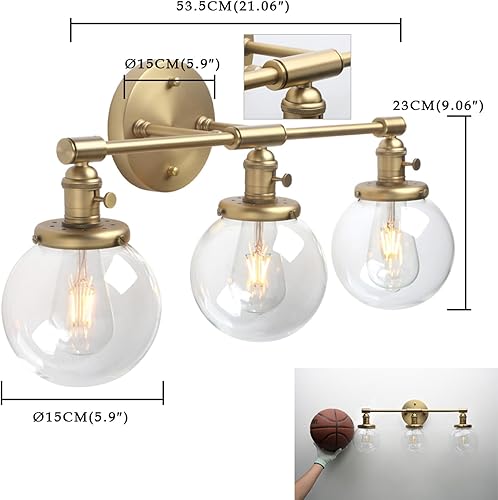 Miniatura 8 de Phansthy Apliques de pared de latón antiguo, lámparas de pared industriales con interruptor de encendido y pantalla de vidrio transparente,