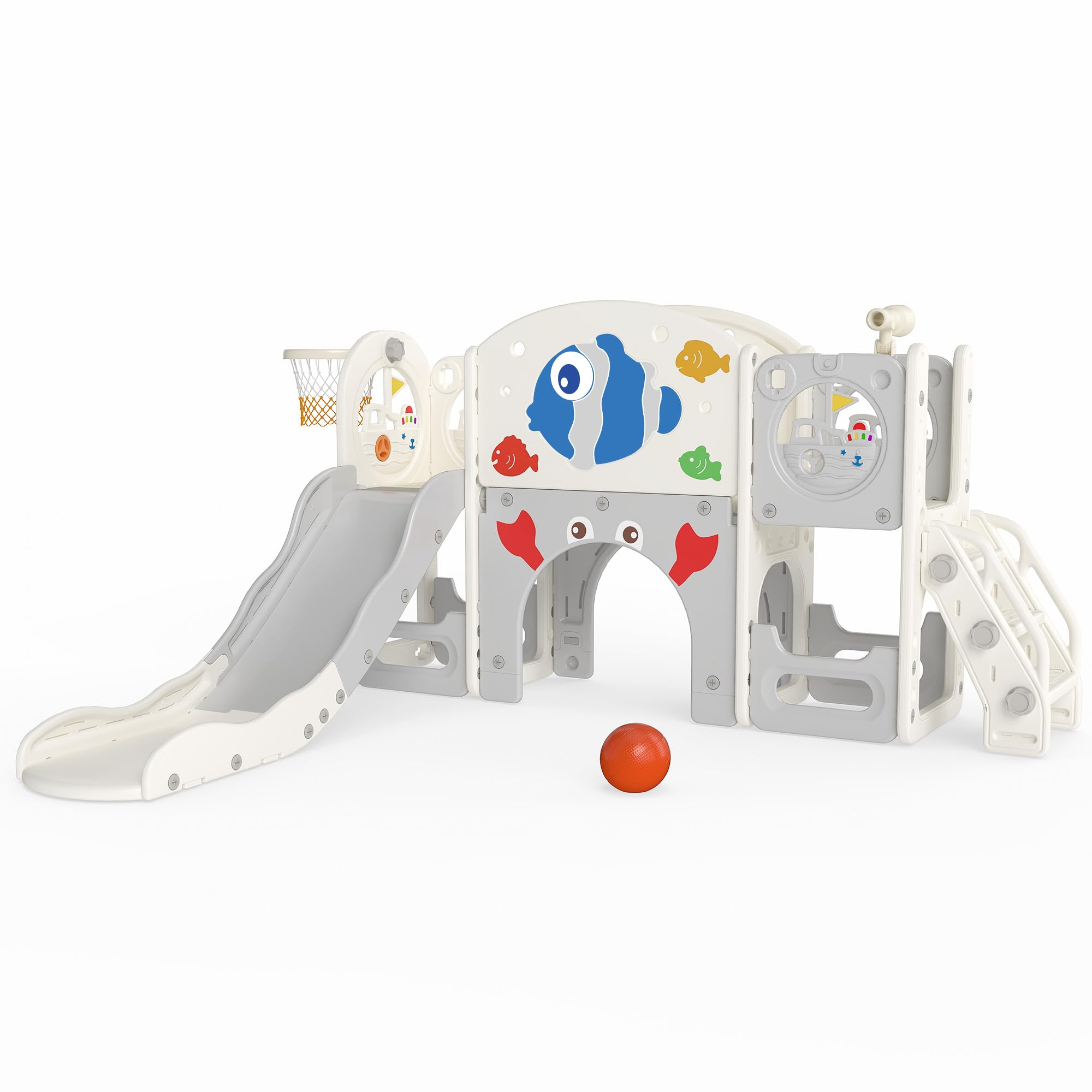 9-in-1 Toddler Slide with Climbing Ladder,Tunnel and Basketball Hoop, Indoor Outdoor Slide Set for Kids, Children's Play Equipment,Gifts for Kids Girls Boys Teen Ages 1-6 (Grey&White BlueClownfish)
