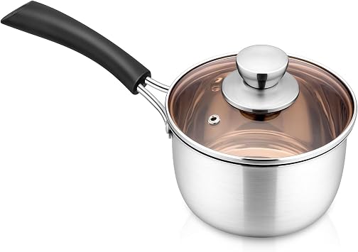 Onader 14cm Saucepan, Stainless Steel Small Sauce Milk Pot with Glass Lid | Small Cooking Pan with Heatproof Handle for Kitchen Restaurant Cooking, Healthy & Sturdy, Dishwasher Safe, Not for Induction
