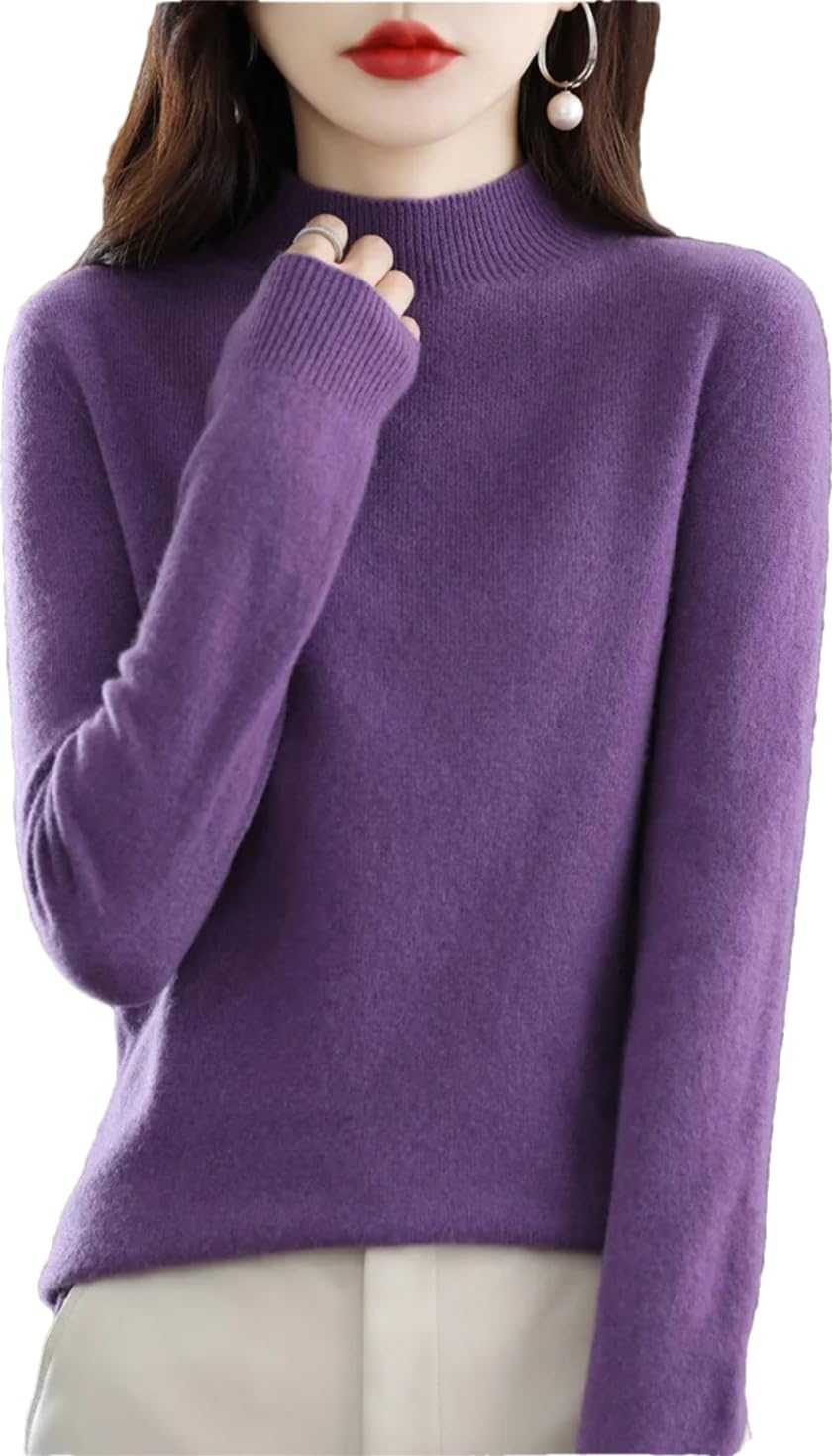 Femmes 100% Laine Pull Cachemire Col Mi-Haut Pull Sauvage Couleur Unie Hauts