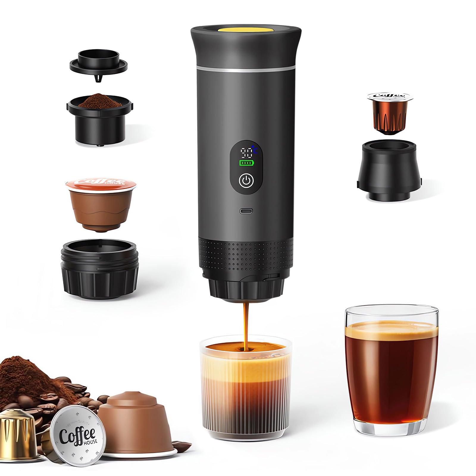 Portable Coffee Maker 3 in 1 Espresso Machine USB-C Mini Electric Hot Water Coffee Maker Compatible with Ness-Preso, Dolce-Gusto and Ground Coffee Capsules