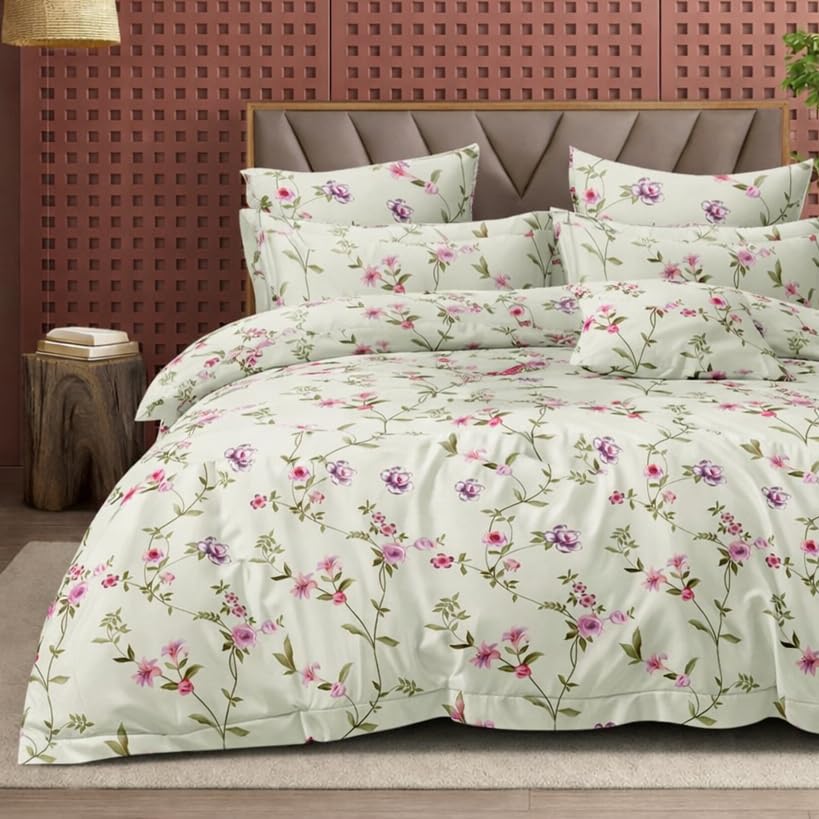 Image of DECOR2ADMIRE 300TC Premium Glace Cotton Printed Super King Size Double Bedsheet with Two Pillow Covers, 108 * 108 Inches or 9ft by 9ft or 275 cm x 275 cm (Blush Garden Bloom)