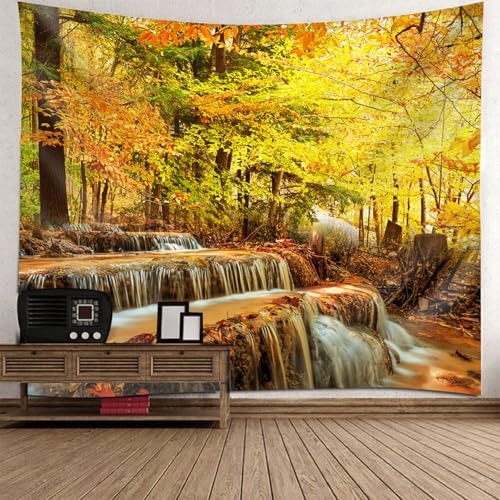 Tapiz de otoño RDSGYZ de 150x150 cm con diseño de bosque y arroyo para decoración del hogar