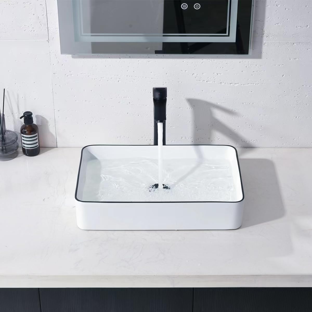 20 Inch Rectangular Bathroom Vessel Sink,20x14 Inch Bathroom Sink White Background with Black Rim Vessel Sink Small Bathroom Sink Above Counter Porcelain Vessel Sink Lavatory Vanity Sink Basin