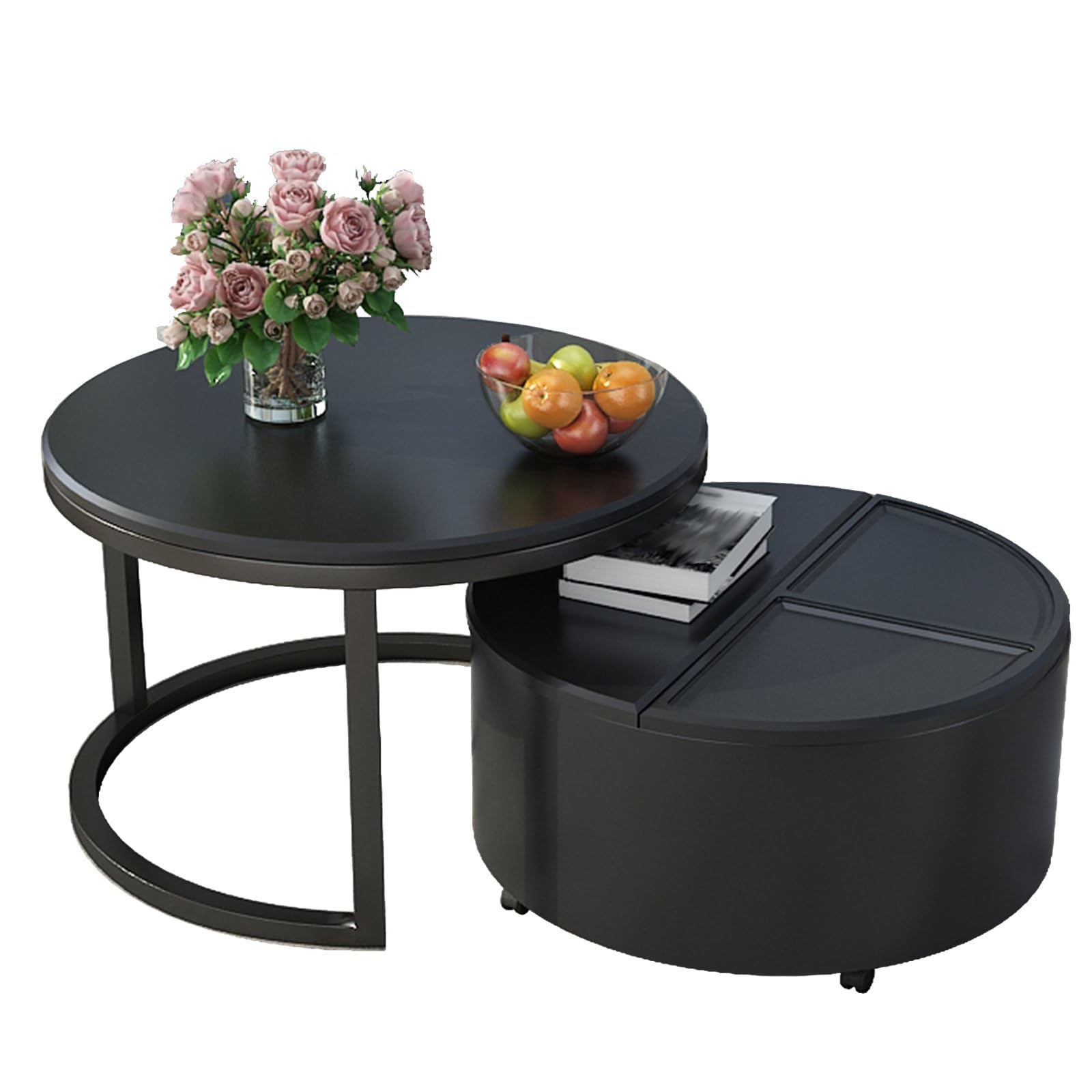 SXZenSpace Round Coffee Table Set of 2, Nesting Tables for Living Room, Small with Storage, Side Wheel, Space, Home Office, Bedroom(Black)
