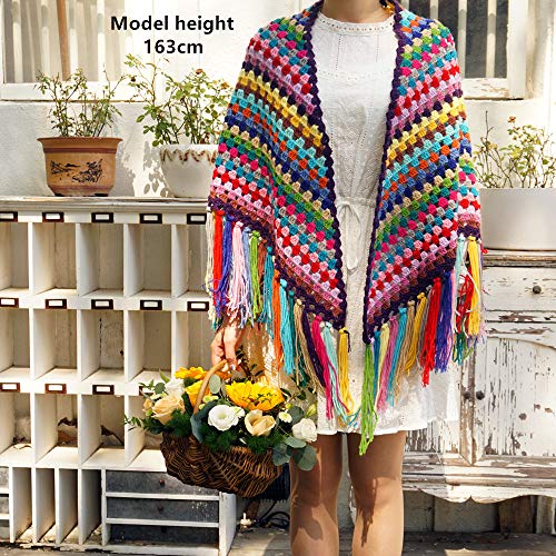 CZQLWW Handmade Crochet Tassels Scraf colourful Fringed Poncho Cape Shawls Wraps Granny Womens Coat Sweater 65x29in