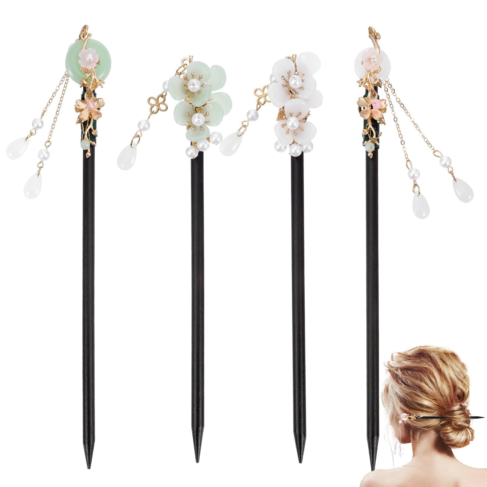 4PCS Chinese Wooden Hair Stick for Women, Retro Hair Sticks for Buns, Japanese Classic Hairs Chopsticks Wooden Hairpins Handmade Flower Accessories
