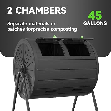 PatioZen Dual Chamber Tumbling Composter 45 Gallon Large Outdoor Tumbling Composter Efficient Batch Composting Easy Turn Design (Black 45Gal)