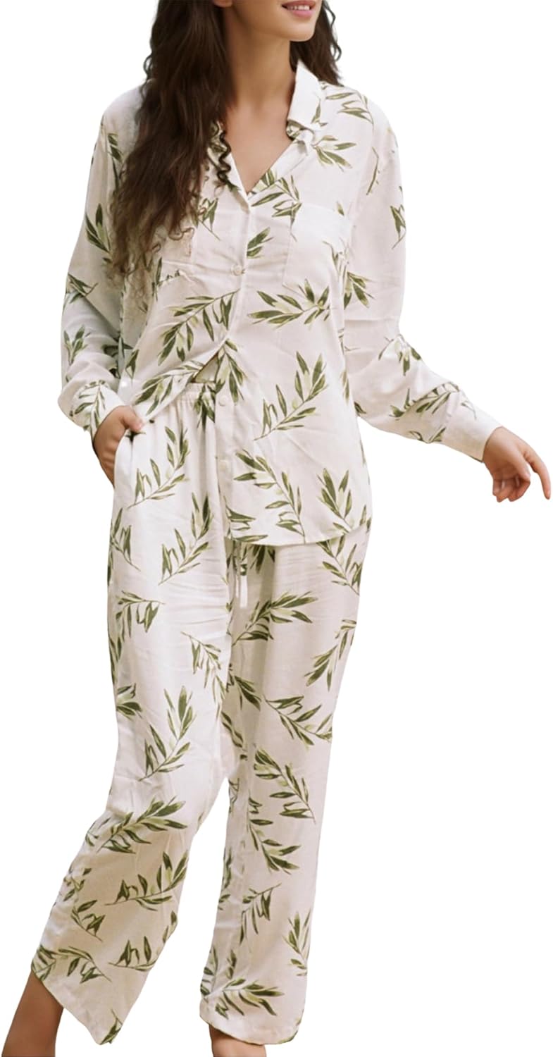 Womens Long Sleeve Printed Pajama Sets Button Down 2 Piece Shorts Sets Soft Loungewear