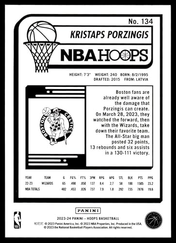 Miniatura 2 de 2023-24 Panini Hoops #134 Kristaps Porzingis NM-MT Boston Celtics Basketball Trading Card