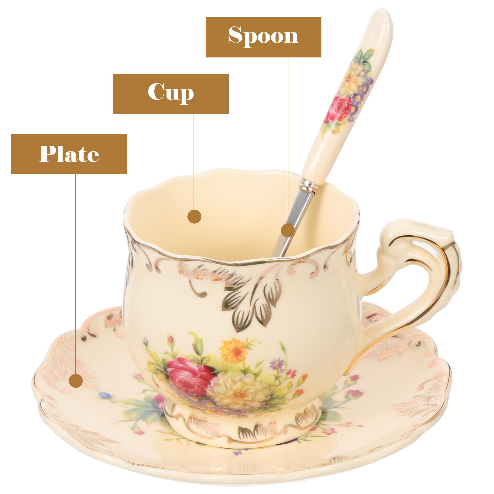 Kaffeetasse Satz aus Keramik mit Untertasse und Löffel, 250ml Retro