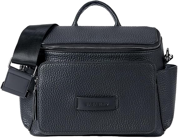 baba bing Cross Body Tumble Leather Changing Bag - Leather Black - Vegan Baby Changing Bags | Convertible Design Baby Nappy Bag | Nappy Changing Bags - Crossbody/Hand-Held Diaper Bag