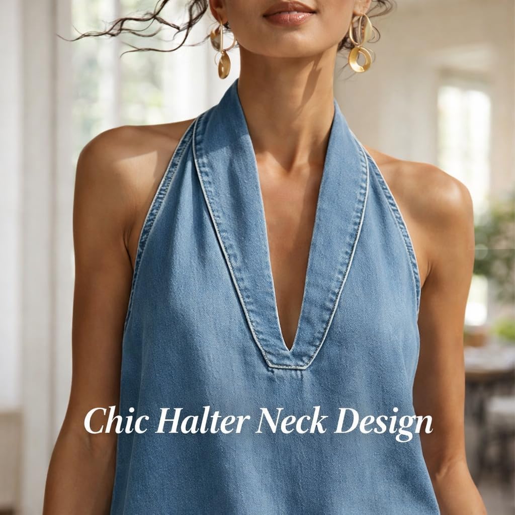 Cozy Minimalist Two-Piece Denim Set for Women - Halter Top & Denim Pants, Casual & Comfortable Summer Outfit