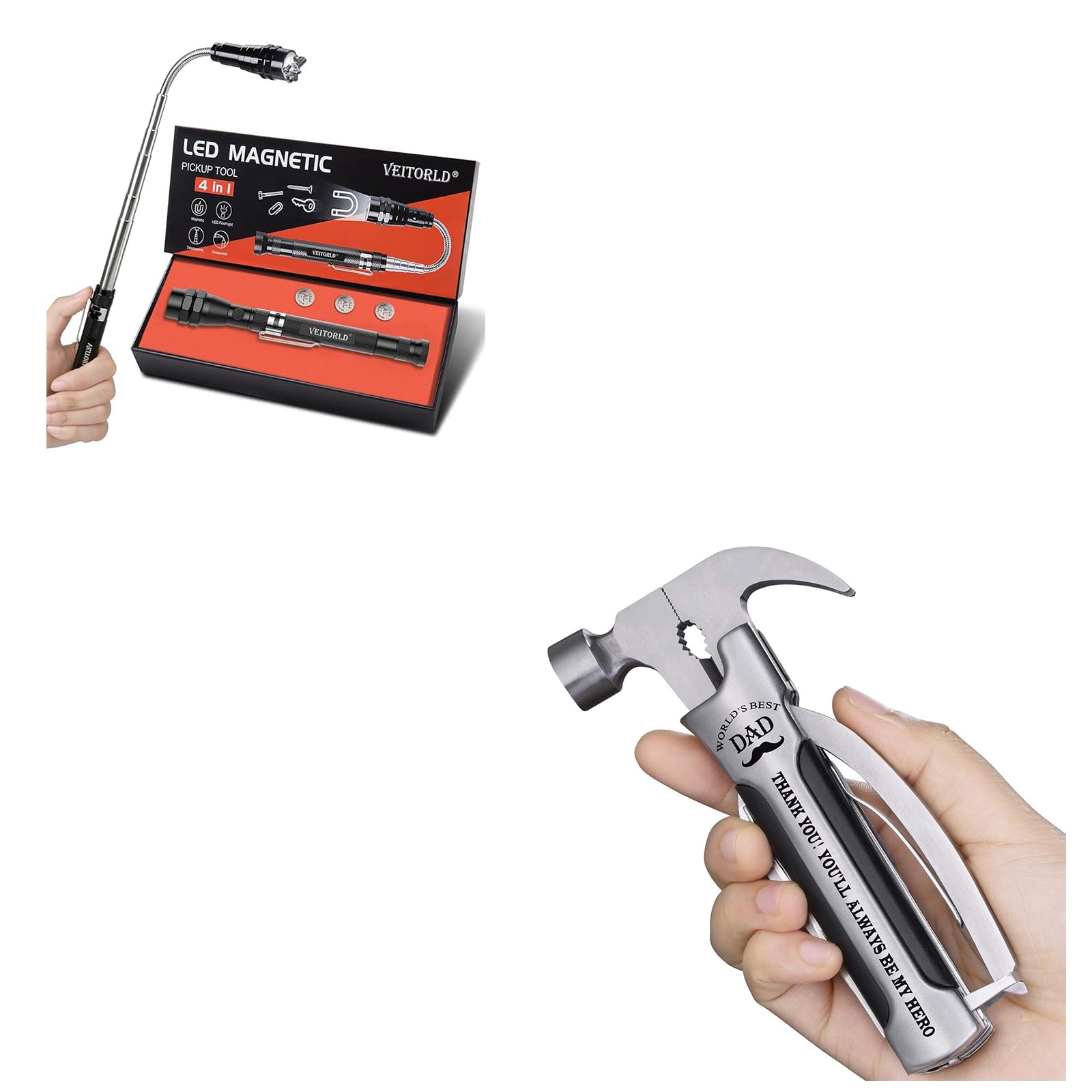 VeitorldAll in One Survival Tools Hammer Multitool with Engraved Wooden Box,Telescoping Magnetic Pickup Tools, Cool Anniversary Birthday Gifts Idea for Him Man, Tools Gifts for Boyfriend Grandpa