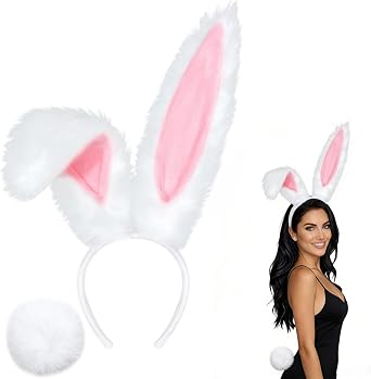 Bunny Ears Headbands and Tail - Bunny Costume Accessories Set for Women, White/Grey Rabbit Ears Headband Tail