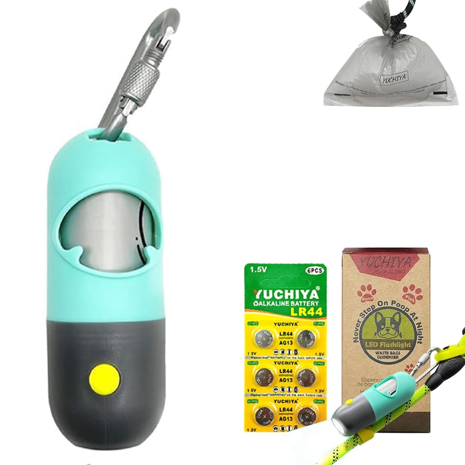 Dog Poop Bag Holder With LED Flashlight - Includes 195 Bags, Dispenser & Accessories (Crystal Blue)-745275