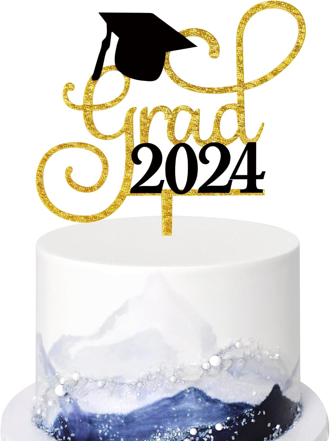 Grad 2024 Cake Topper, Graduation Cake Topper, Class of 2024 Grad Party Decorations (Gold & Black)