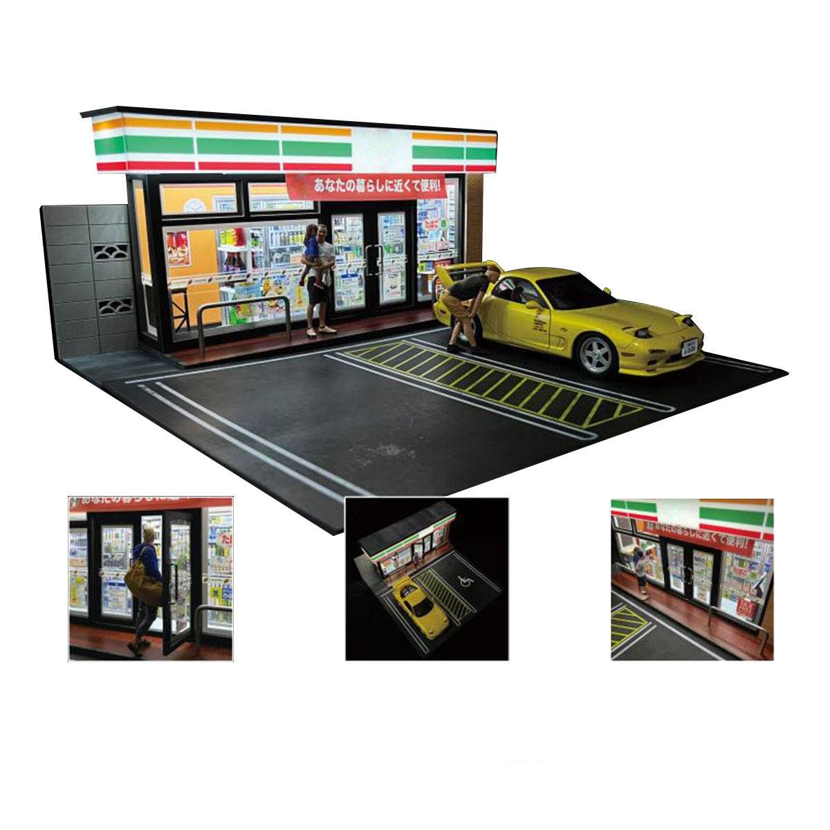 1/18 Scale Japanese Convenience Store Diorama with USB Lights and Double Parking Slots, Miniature Street Scene Model for Photography, Desktop Decor & Gifts (Cars & Figures Not Included)